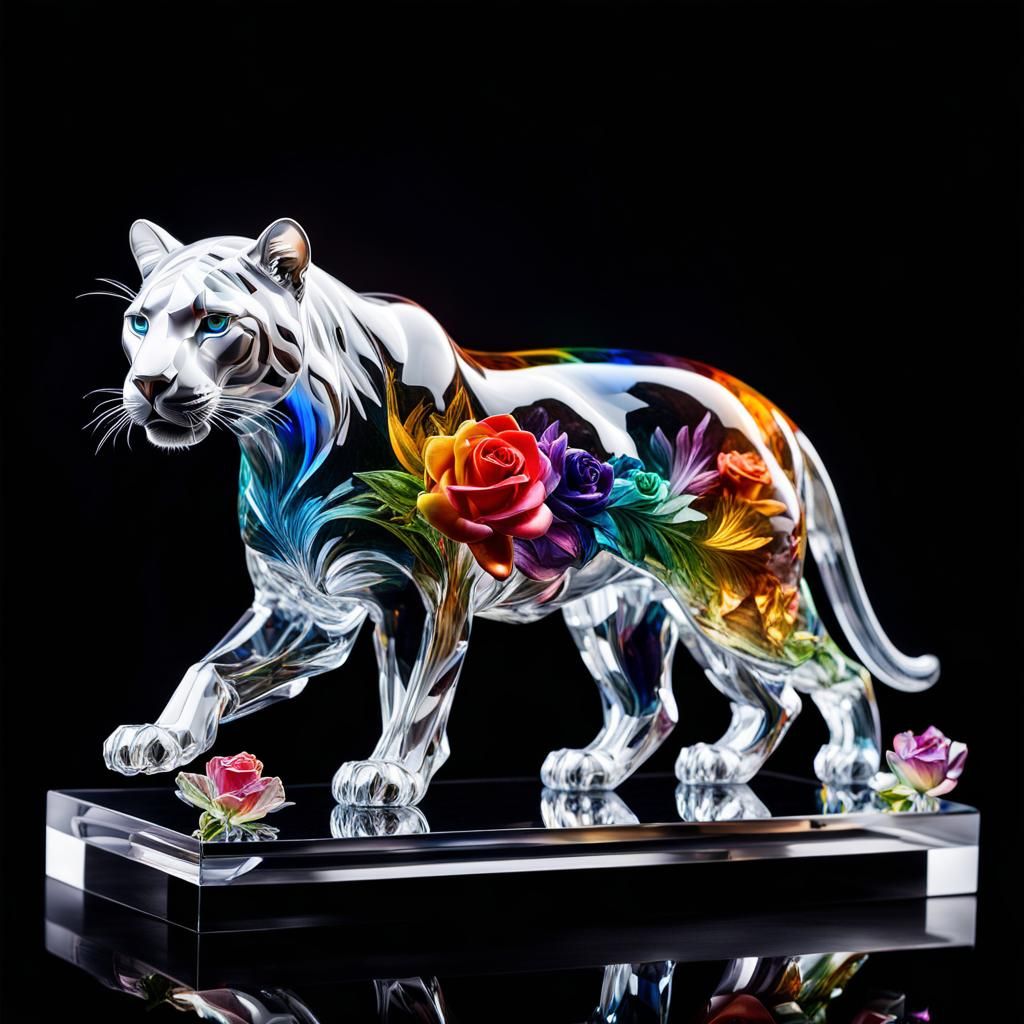 Crystal Panther Figurine with Rainbow Roses