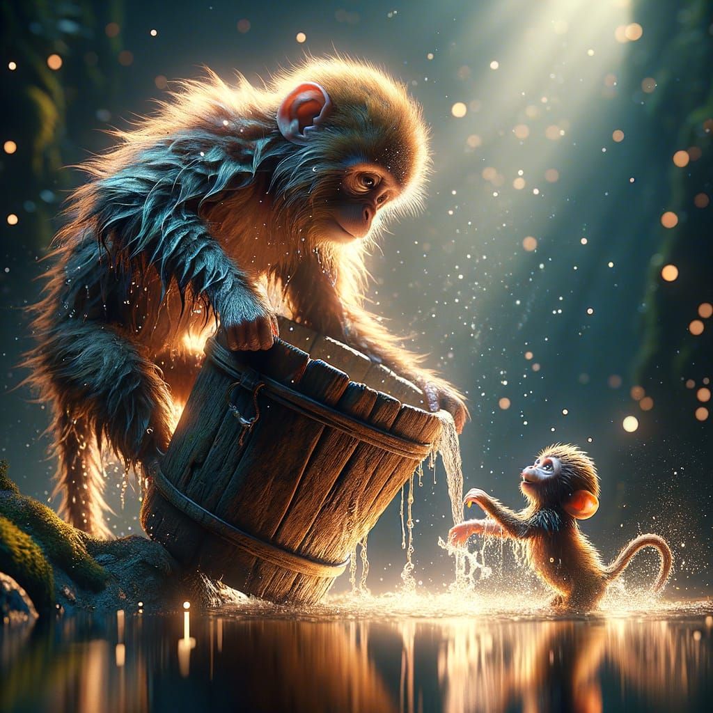 Monkey and Glowing Water: Detailed 3D Render