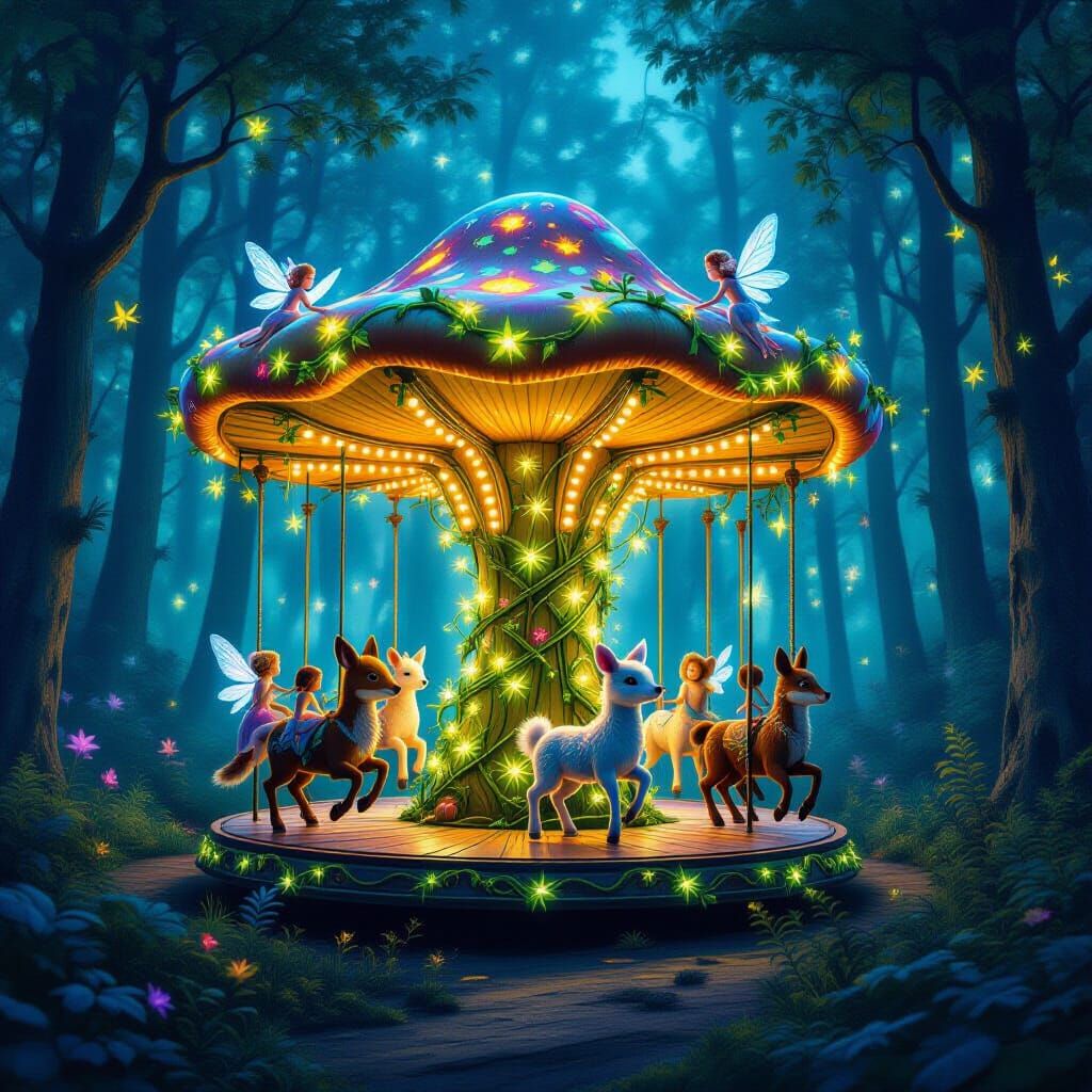 Surreal Bioluminescent Nature Carousel in Firefly Forest