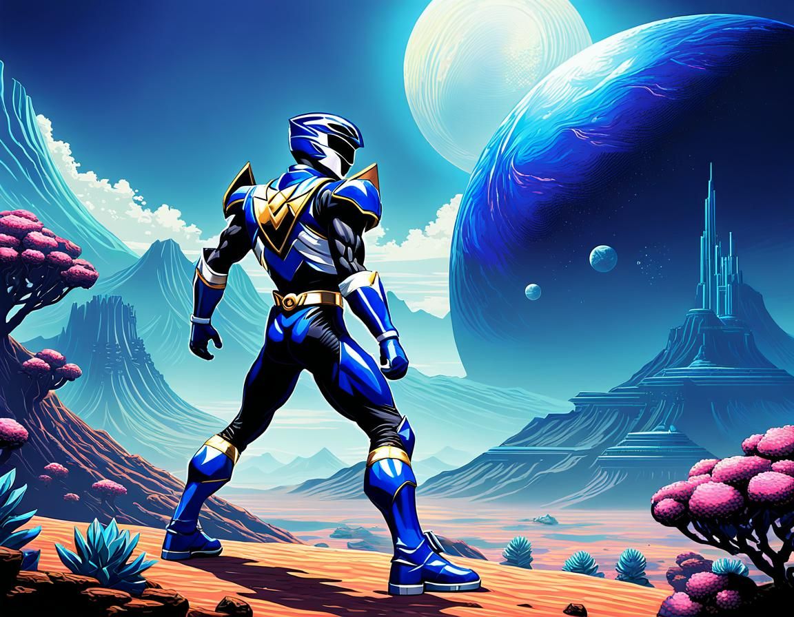 Blue Power Ranger Exploring Alien Planet in Pixel Art