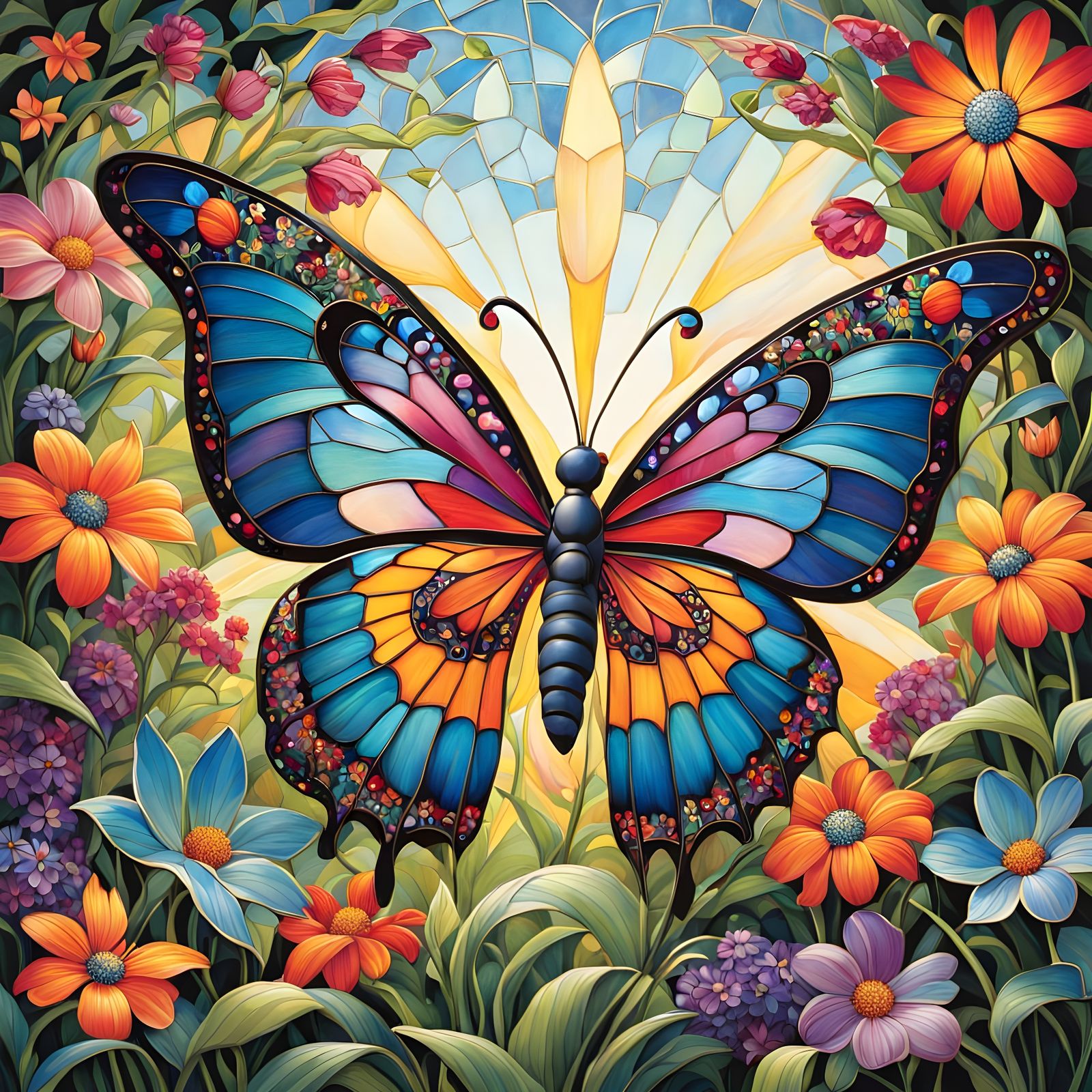 Stained Glass Butterfly in Sun-Drenched Garden