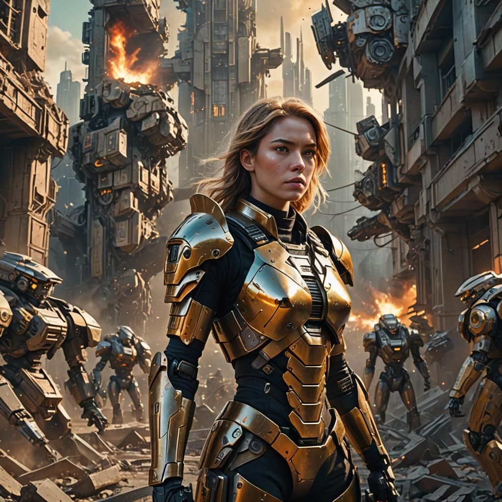 Sci-Fi Warrior Confronts Mechs in Ruined City