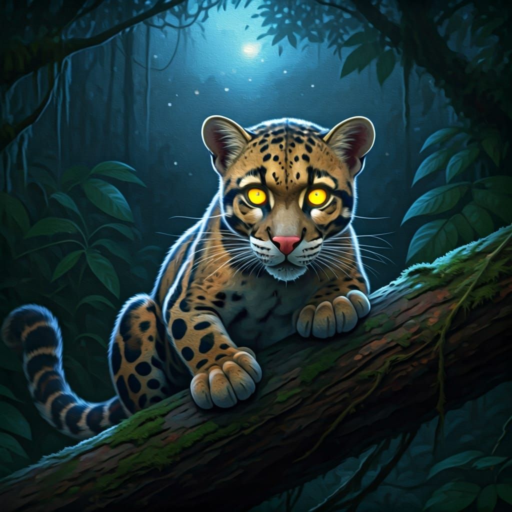 Clouded Leopard with Glowing Eyes in Oil Painting