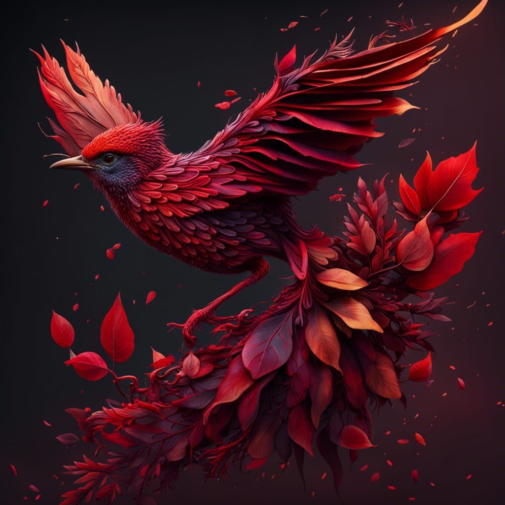 Autumnal Bird Composed of Falling Red Leaves