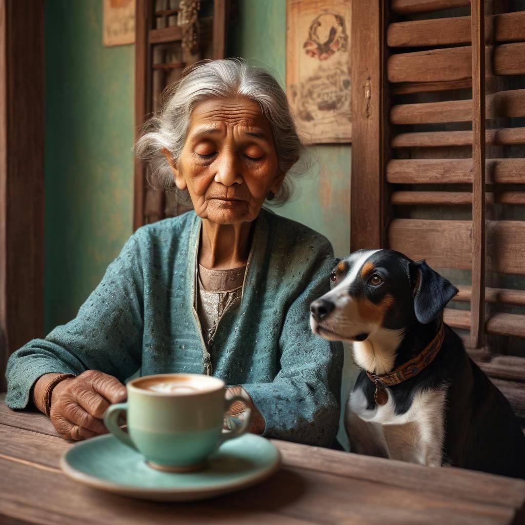 Cozy Indian Cafe: Vintage Photo of Old Woman and Dog