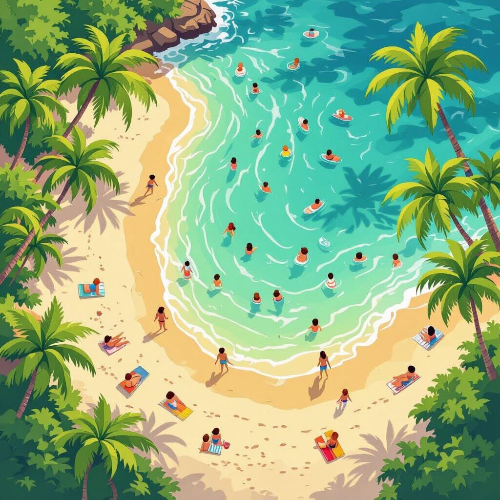 Aerial Beach Scene in Cheerful Cartoon Style