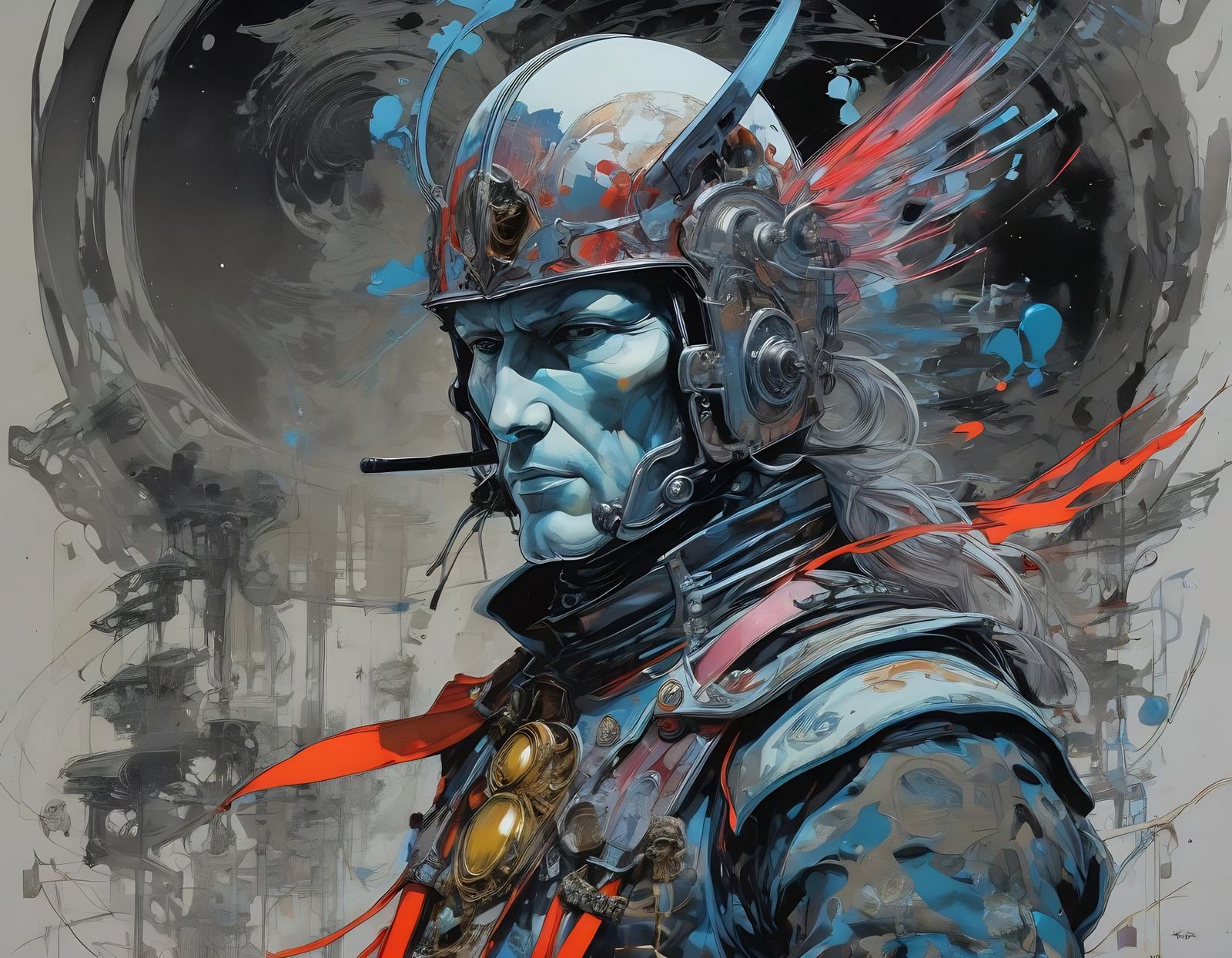 Hussar in Neon X-Ray Style of Moebius and Dali