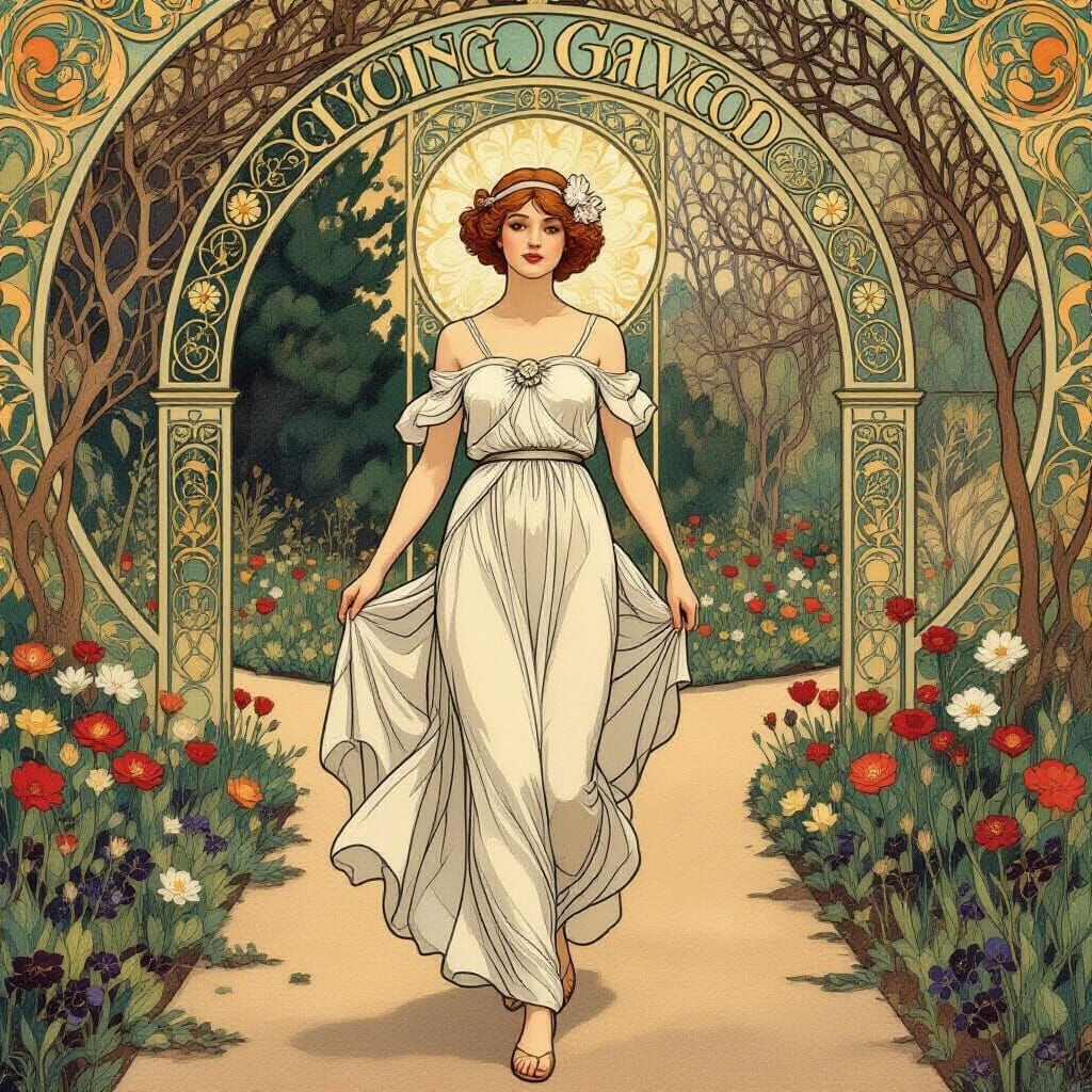 Art Nouveau Garden Scene with Hopeful Woman