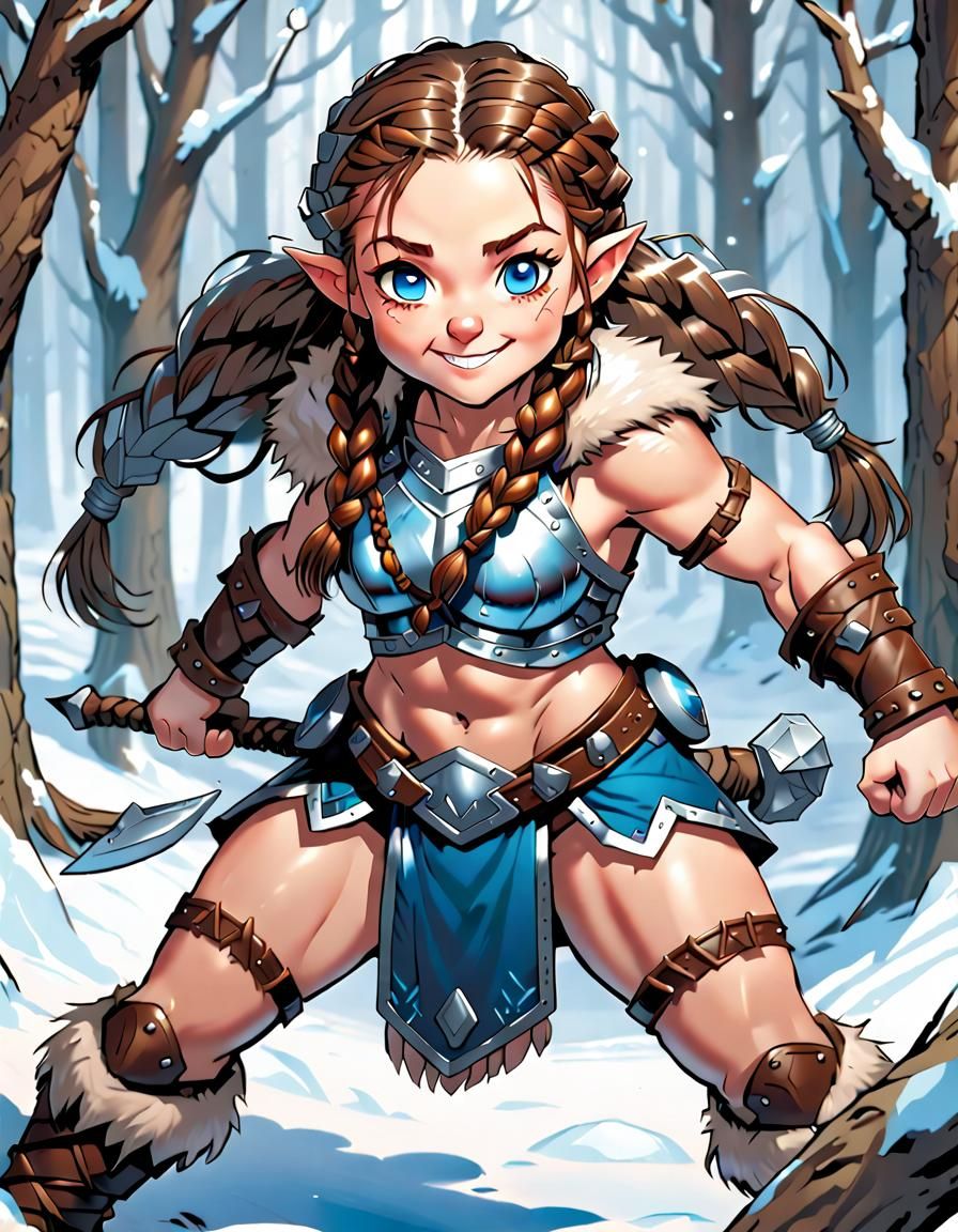 Halfling Barbarian in Winter Forest, Comic Book Art