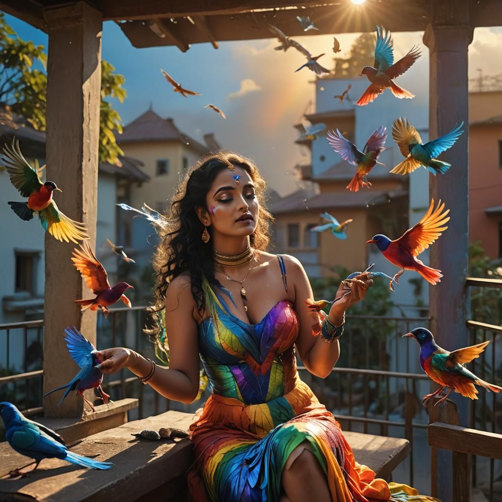 Rainbow Woman Feeds Birds: Matte Painting