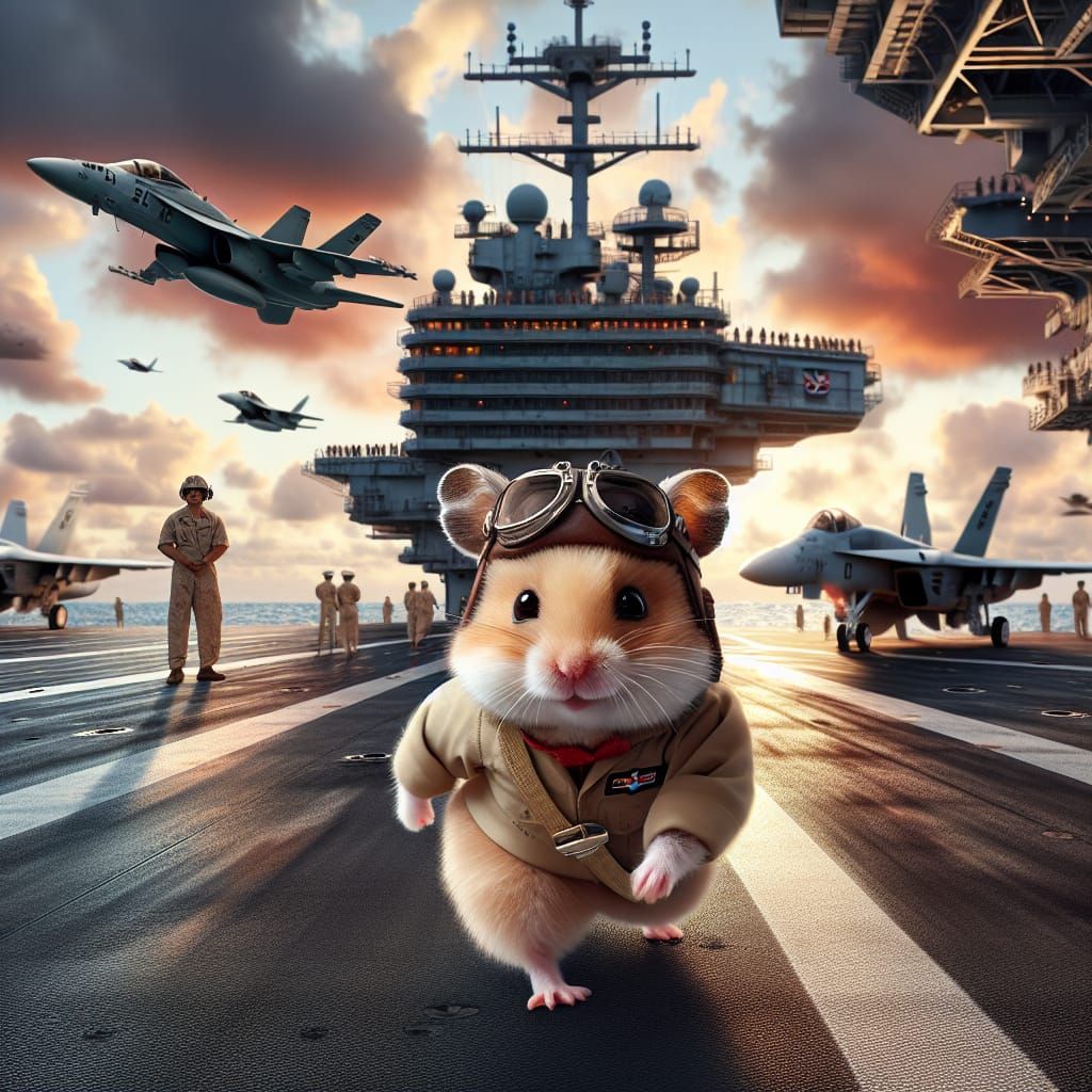 Hamster Pilot on Aircraft Carrier at Sunset