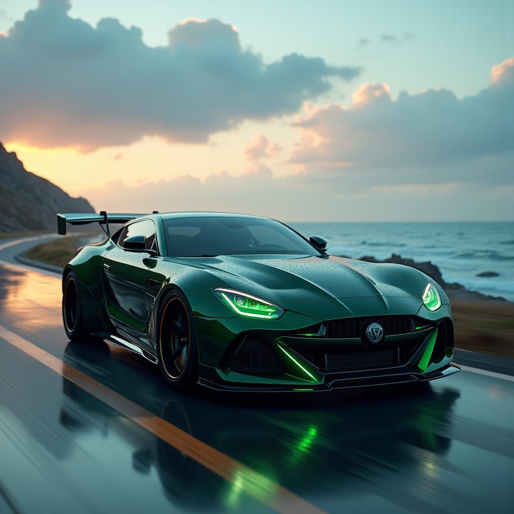 Dark Green Sports Car on Coastal Road in 8K