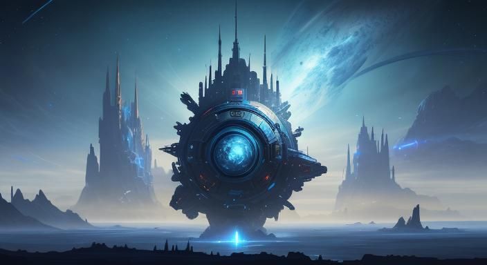 Cybernetic Tower with Spaceports on Blue Planet