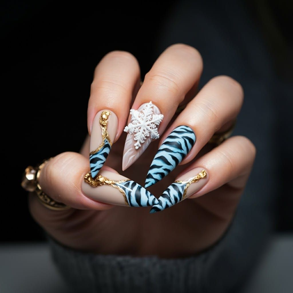 Glamorous Stiletto Nails with Winter Tiger Print