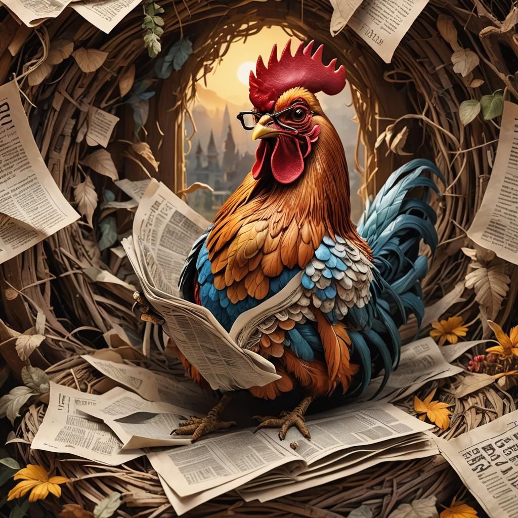 Rooster Reads Newspaper in Nest: Matte Painting