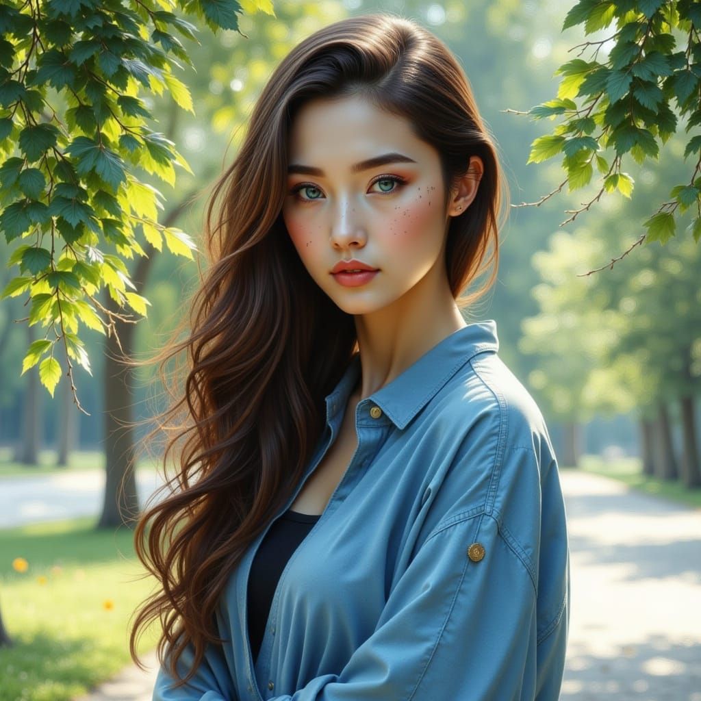 Woman with Brown Hair and Blue Eyes in Dappled Sunlight