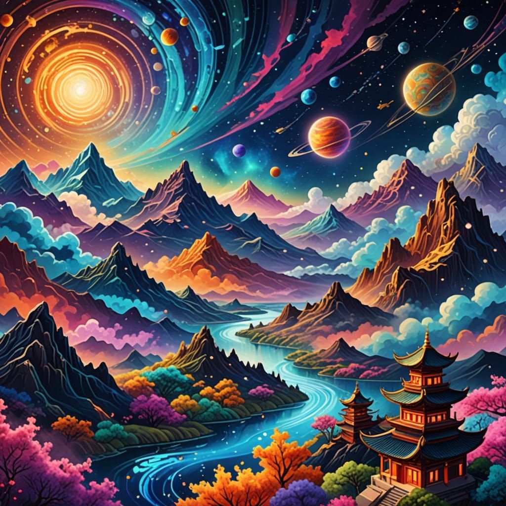 Ethereal Cosmic Landscape in Vibrant Digital Art