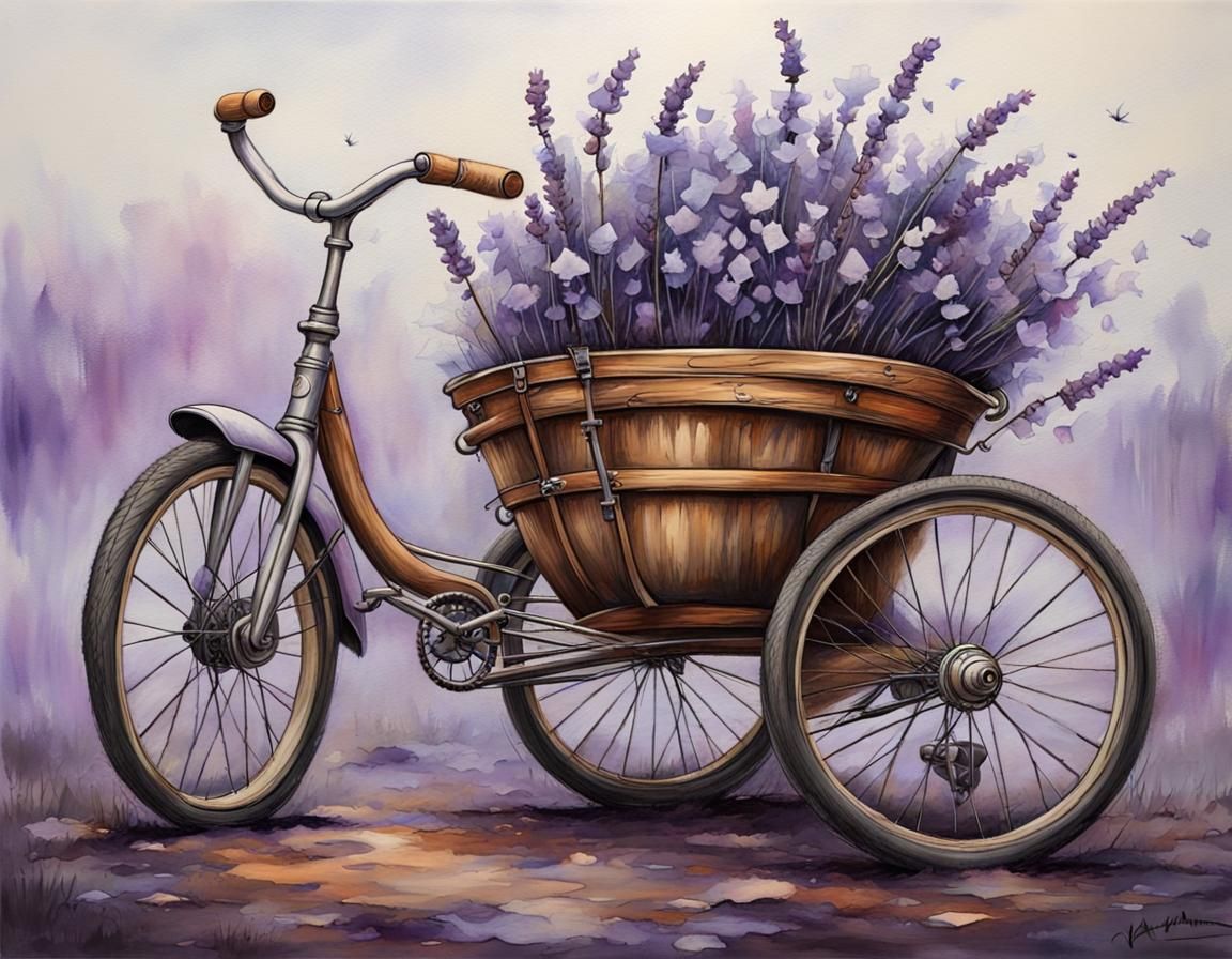 Lavender Petal Tricycle in Meadow, Acrylic and Charcoal Art
