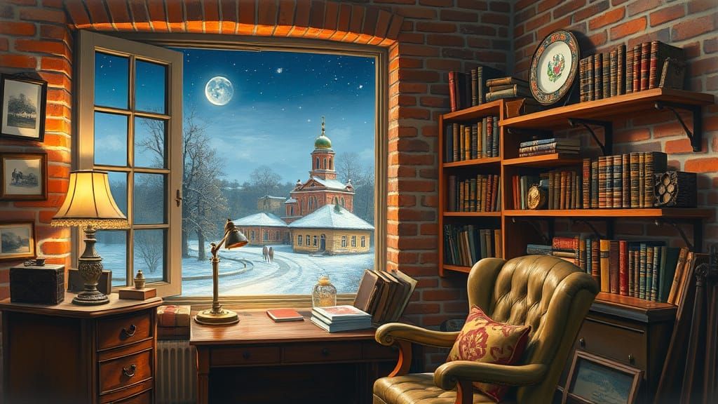 Cozy Home Office Under Starry Night Sky