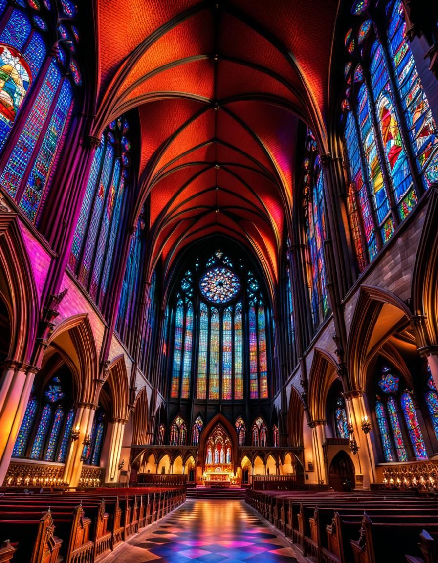 Gothic Cathedral with Stained Glass in Digital Painting