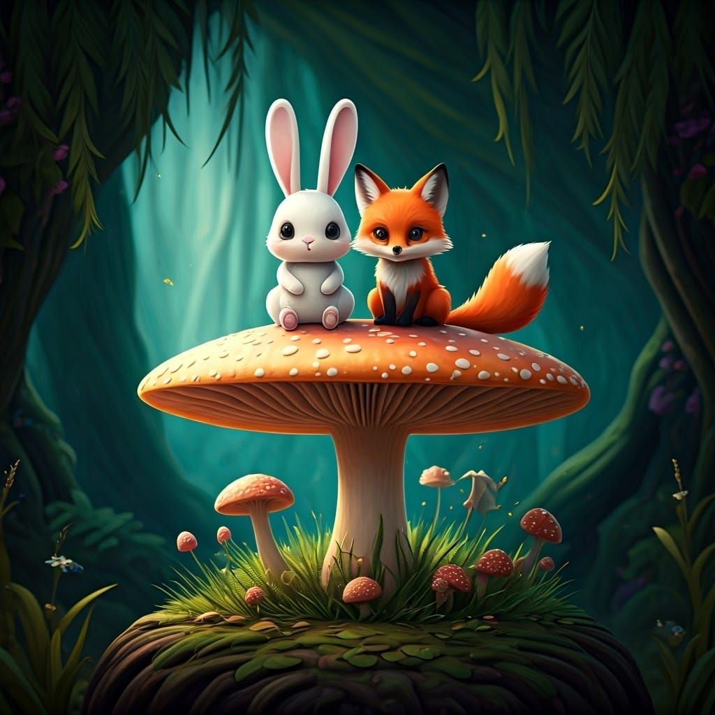 Kawaii Bunny and Fox on Mushroom, Fantasy Art