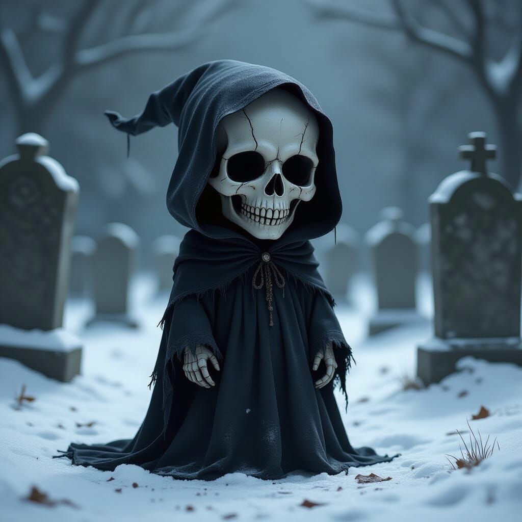 Child Grim Reaper With Oversized Skull in Foggy Graveyard