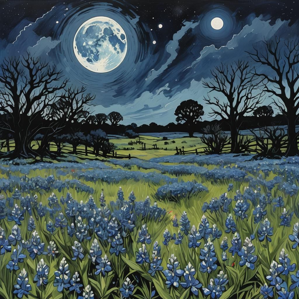Blue Moon Over Bluebonnet Field in Noir Style