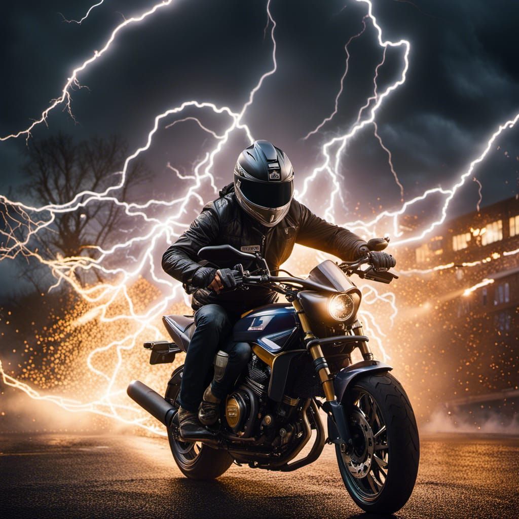 Hyperrealistic Man Riding Lightning Bolt
