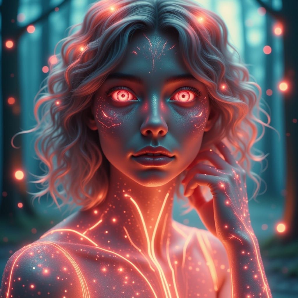 Bioluminescent Woman in Dreamlike Neon Environment
