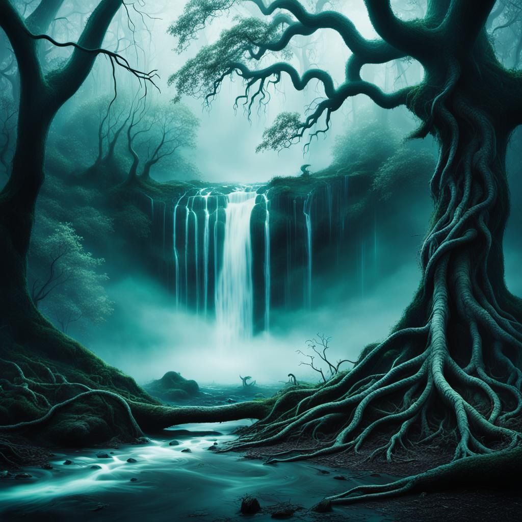 Dark Fantasy Haunted Forest with Misty Waterfall