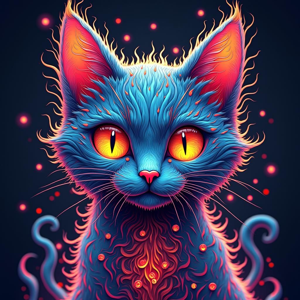 Fiery-Eyed Cat in Abstract Digital Art