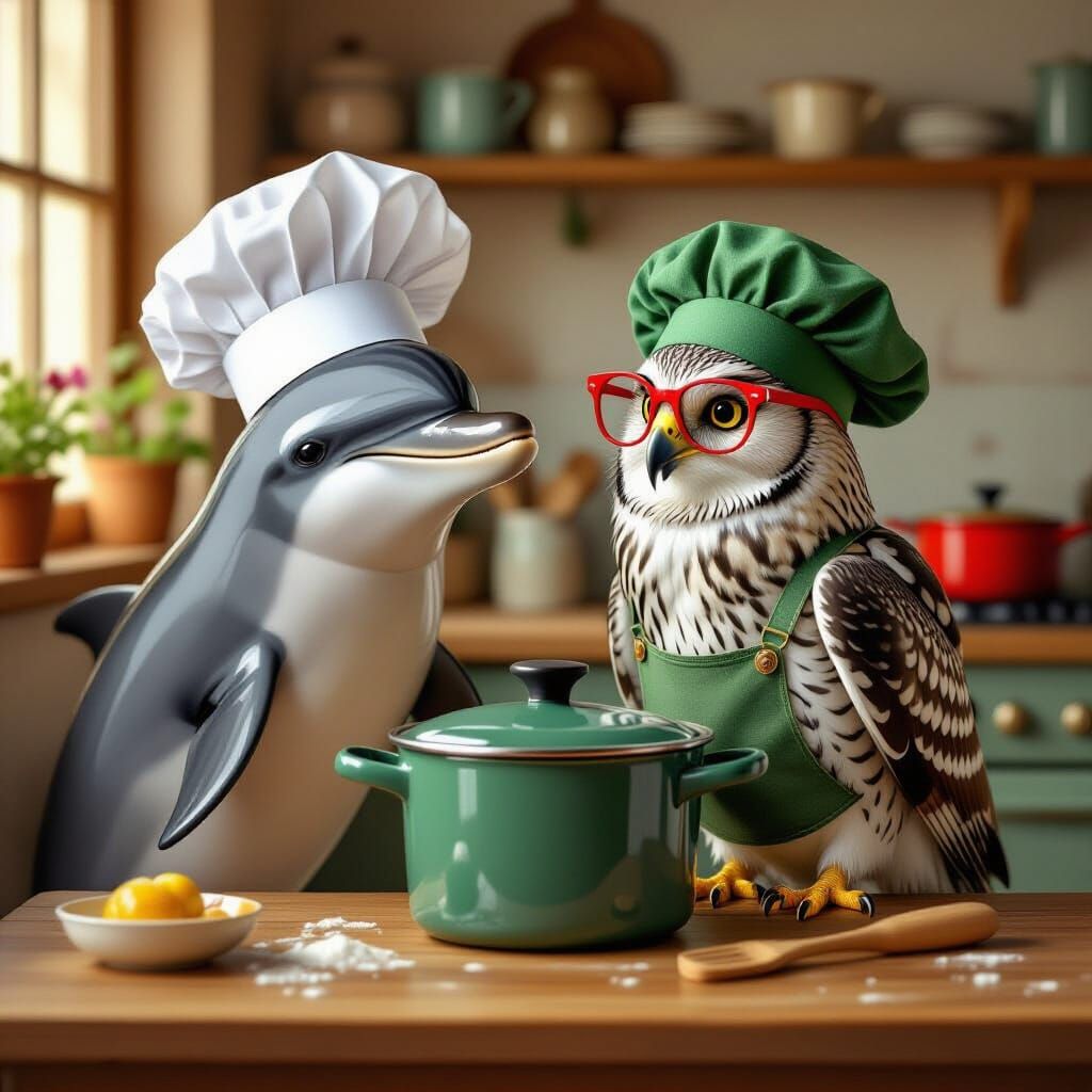 Dolphin Chef and Owl Cook in Cozy Kitchen