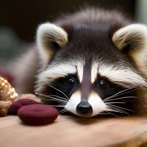 Cute Raccoon Cuddling Teddy Bear in Bed