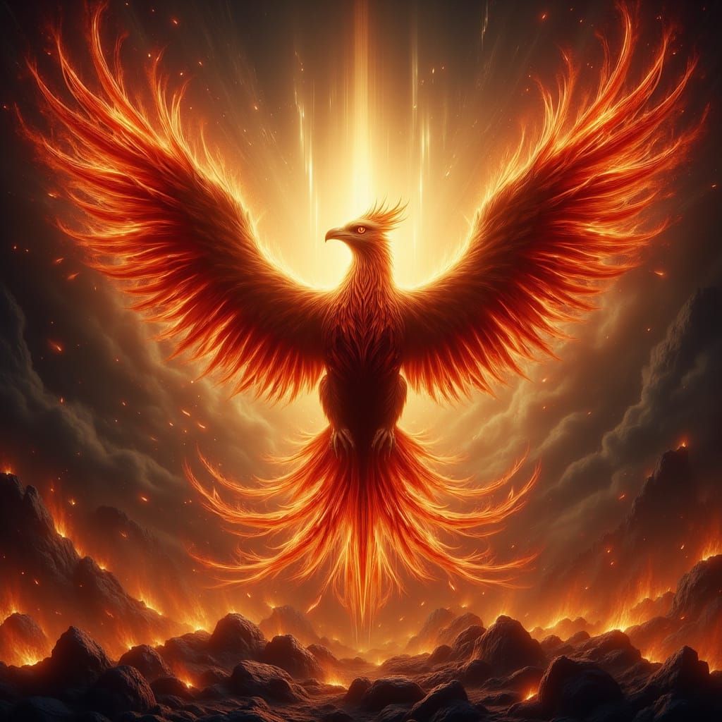 Majestic Phoenix Rising from Ashes in Fantasy Art Style