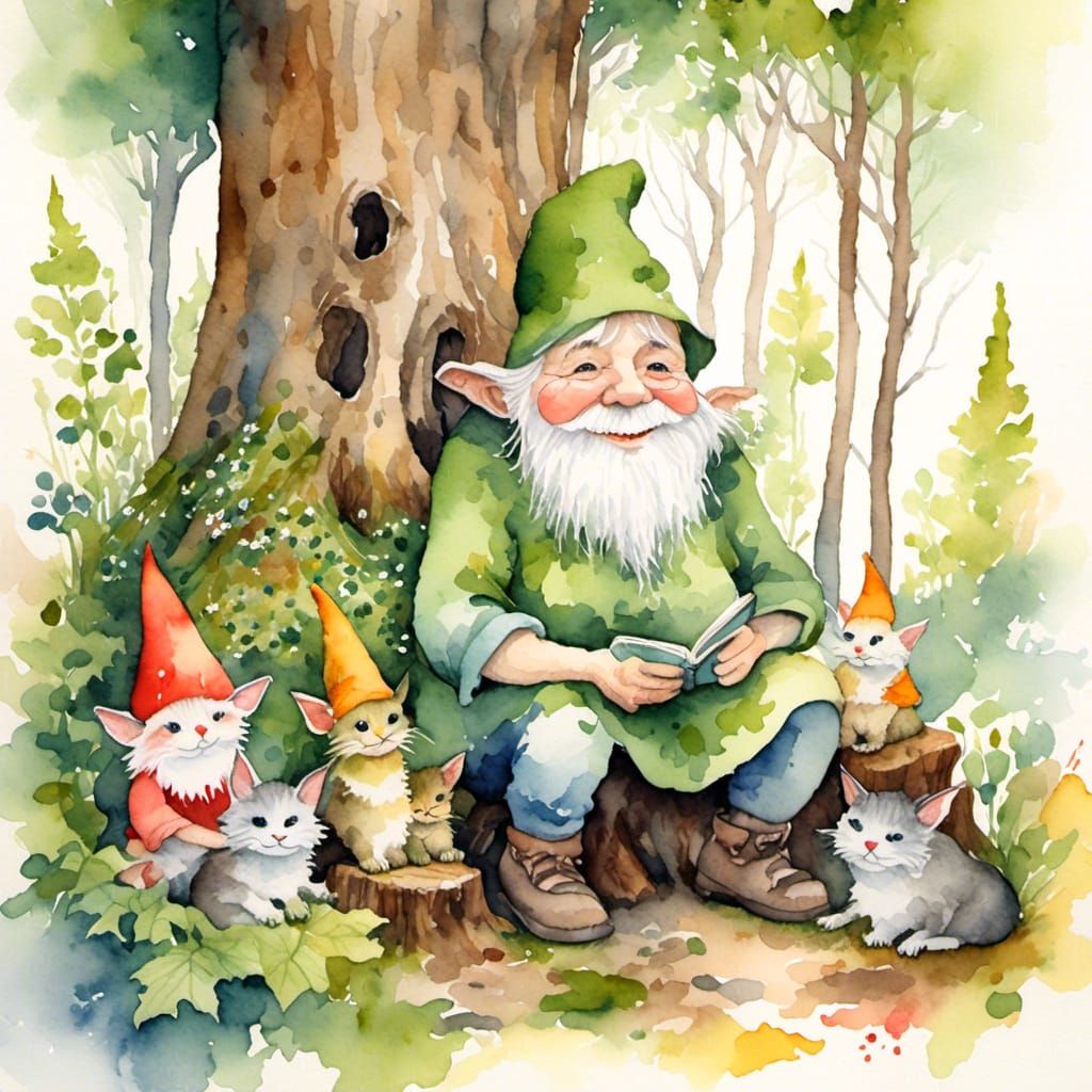 Gnome Grandma and Children in Watercolor Folk Art
