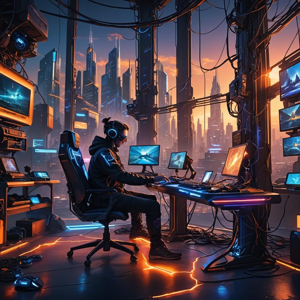 Pro Gamer in Dystopian Cityscape: Fantasy Art