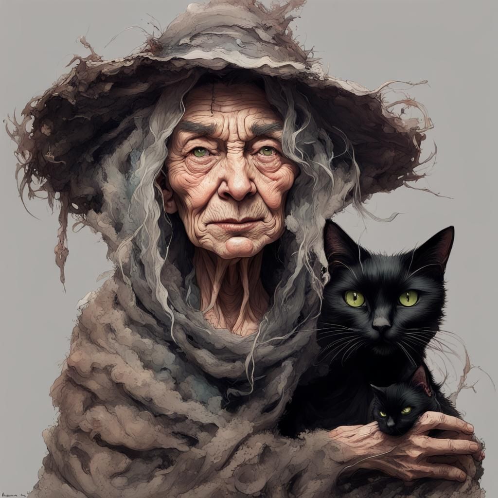 Scraggly Old Witch with Her Black Cats