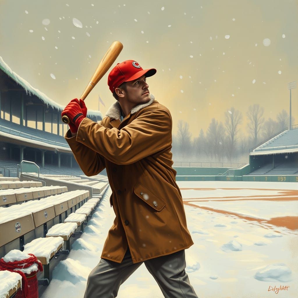 Snowy Baseball Stadium in Warm Winter Light