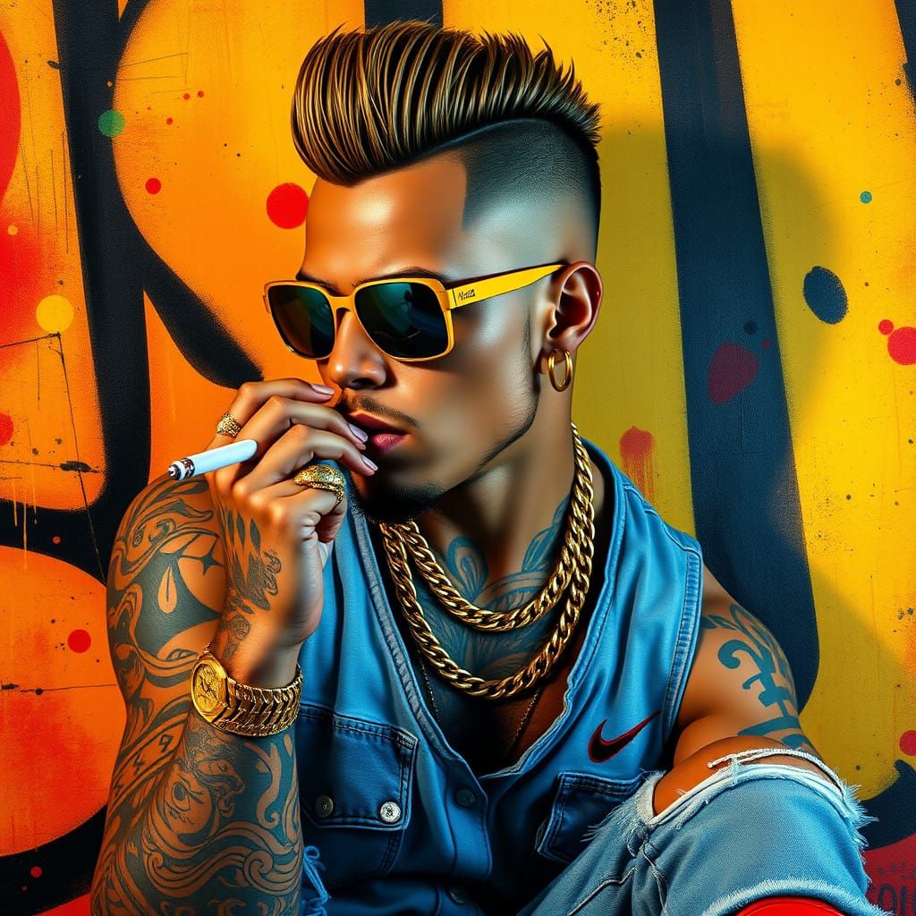 Rugged Rapper in Gold Accents with Vibrant Tattoos