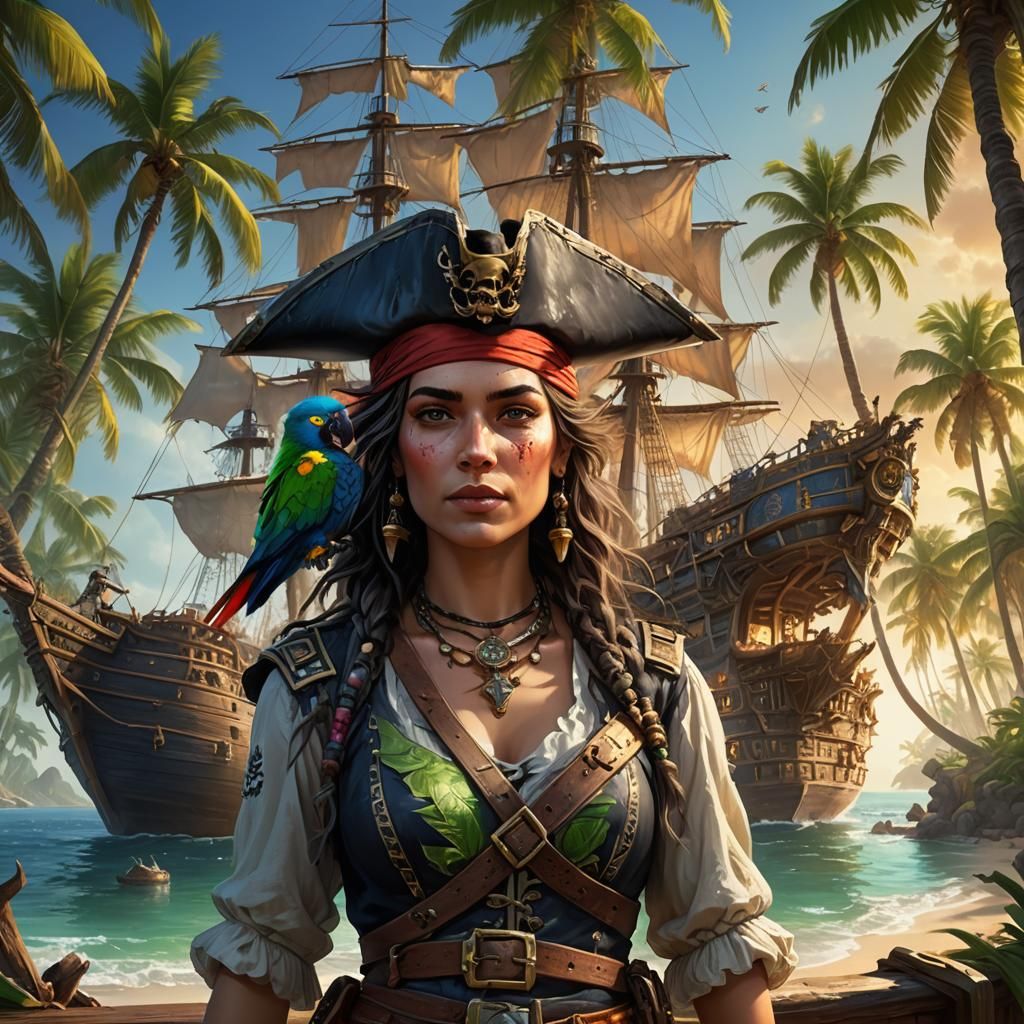 Pirate Queen Portrait with Parrot, Hyper-Detailed Octane Ren...