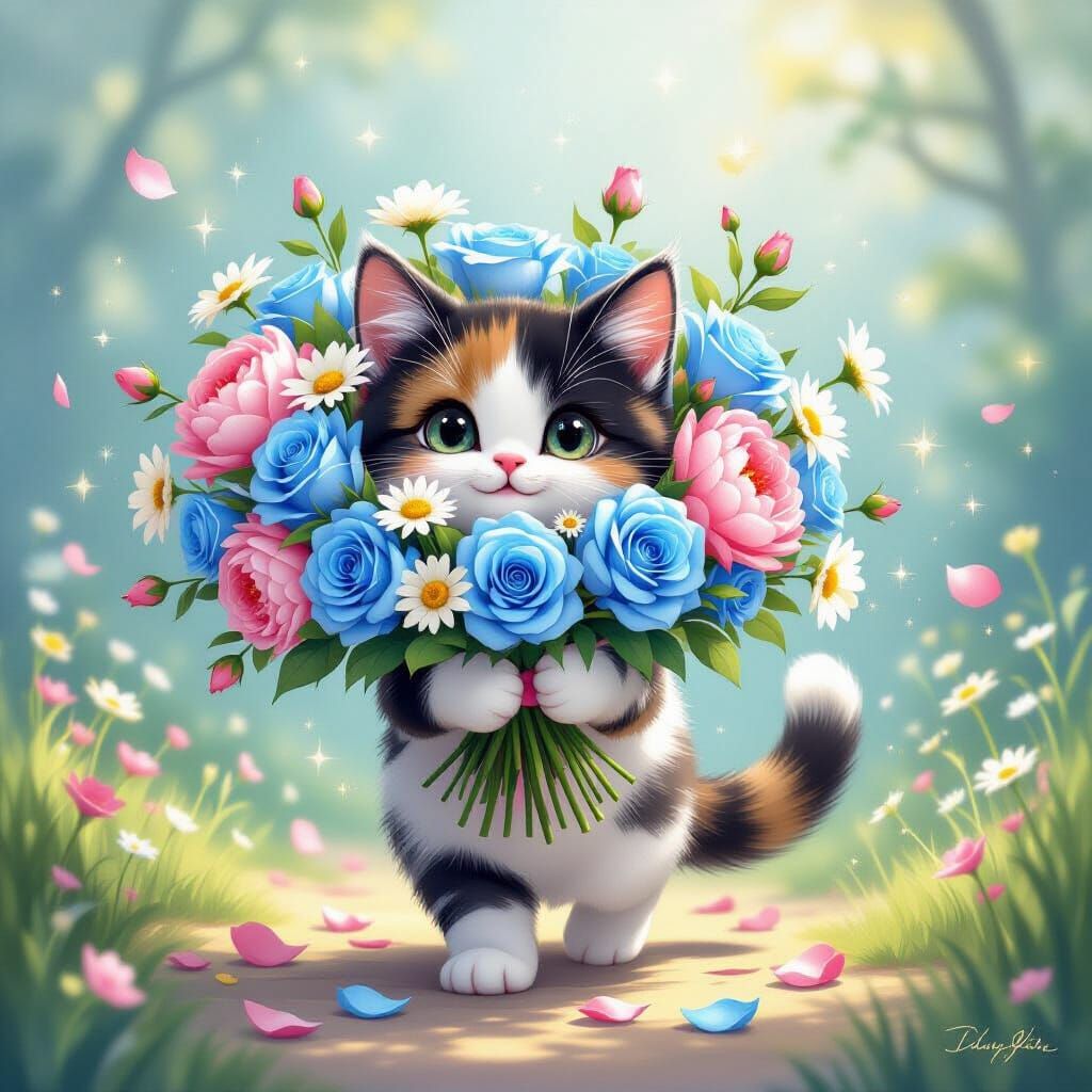 Cute Cat Carries Bouquet in Painterly Style