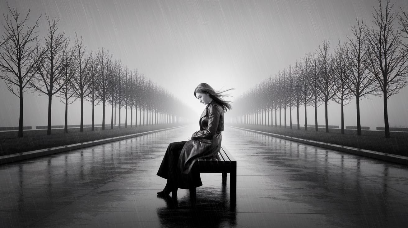 Lonely Woman in Rainy November Park Alley