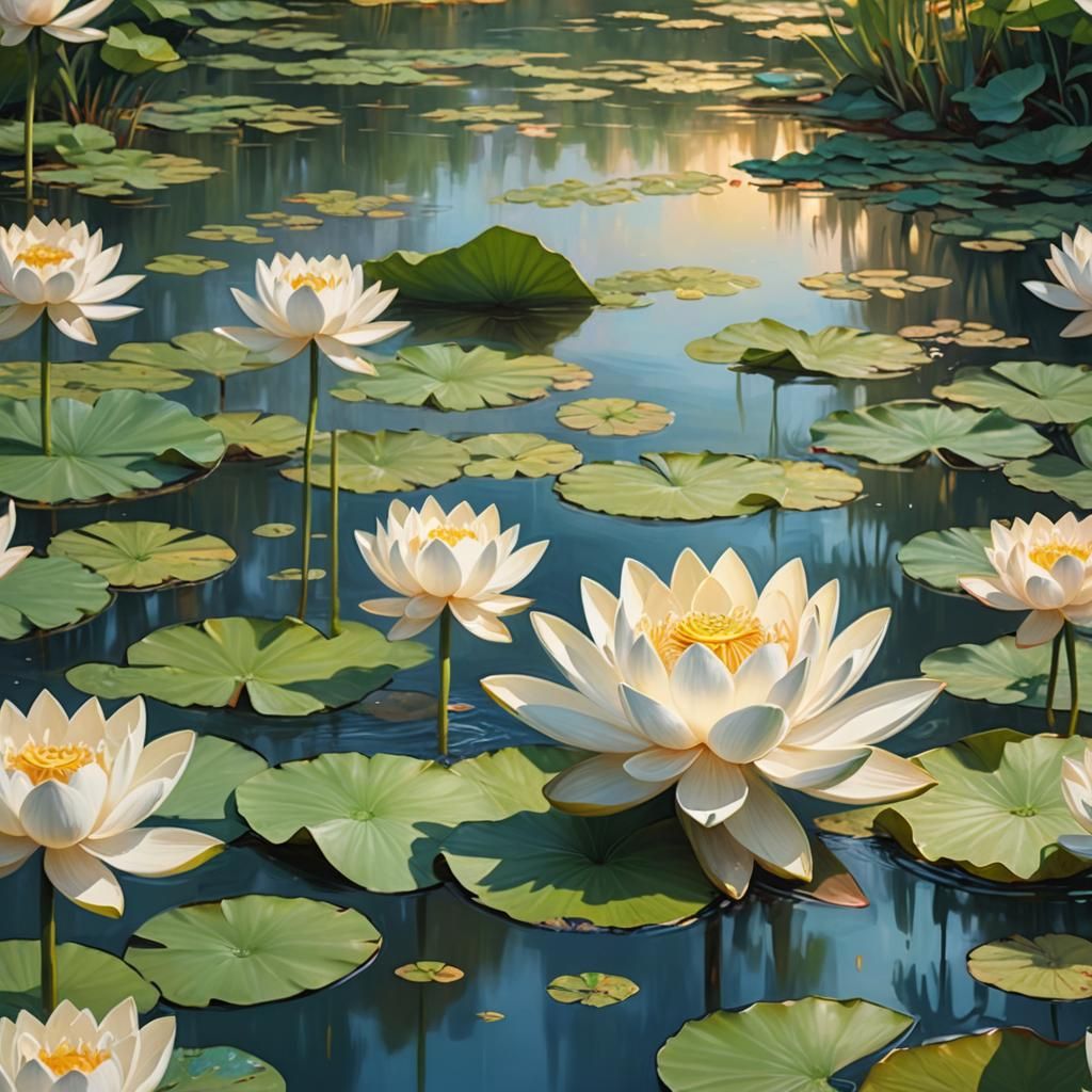 Blooming White Lotus: Vibrant Oil Painting