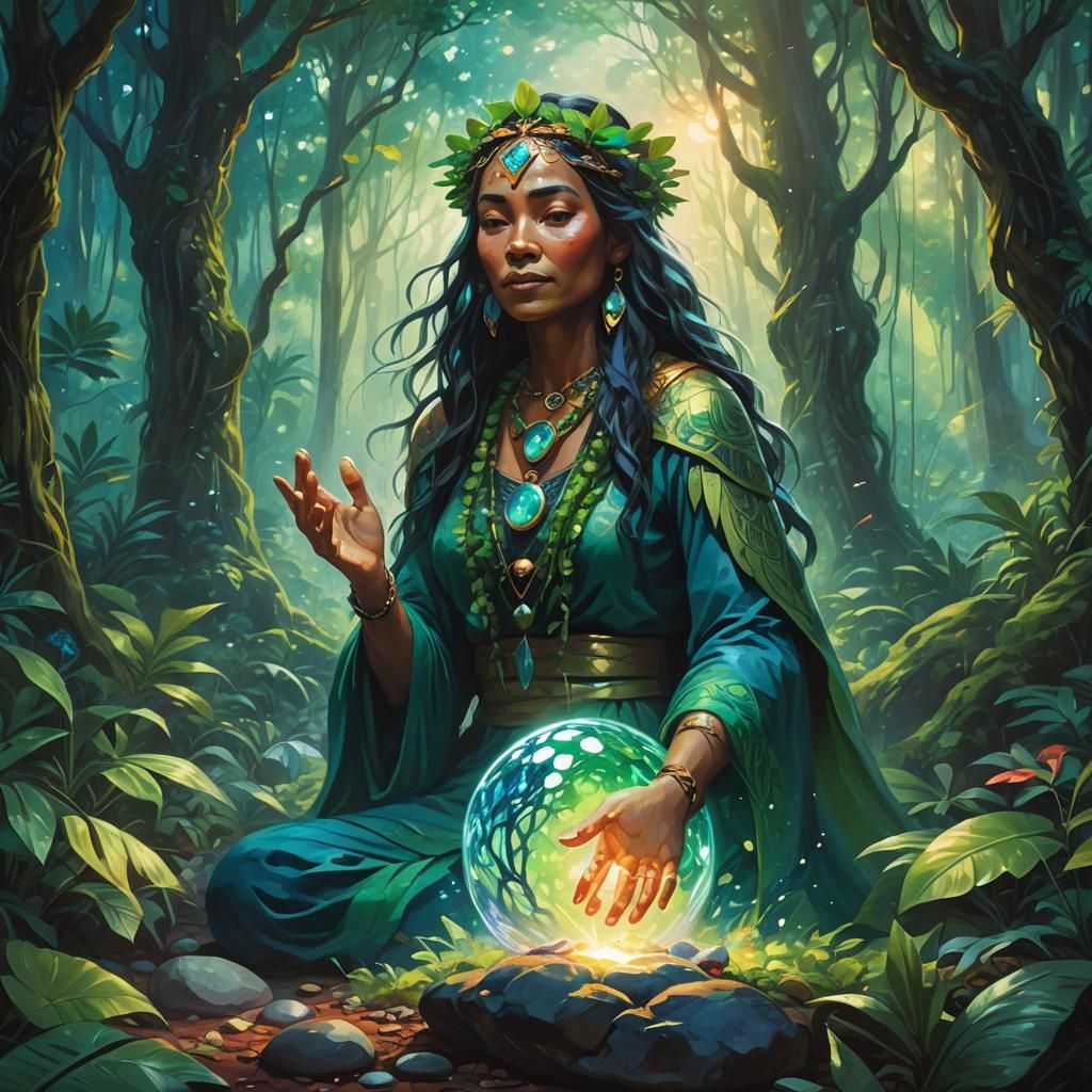 Shamanic Priestess in Hawaii Holding Glowing Pebble