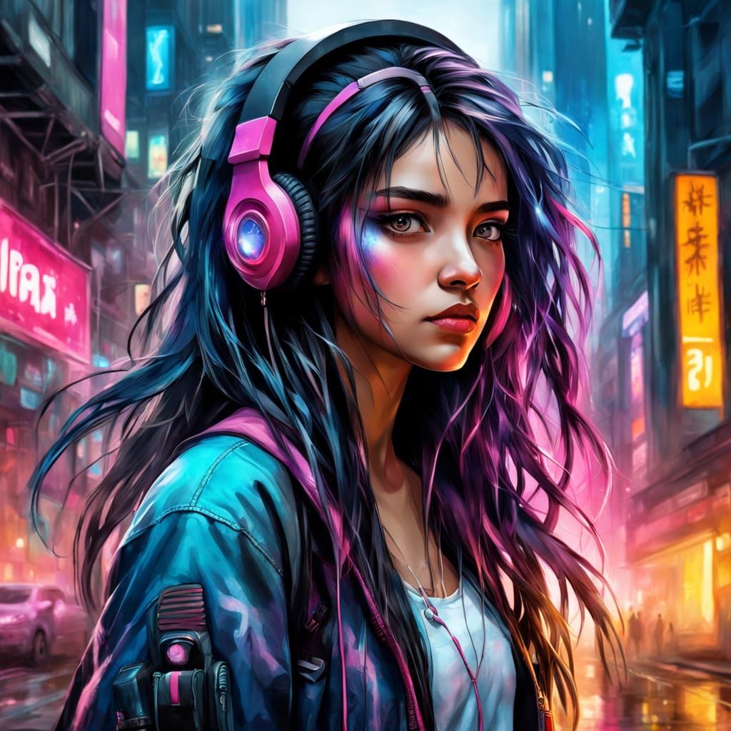 Cyberpunk Woman with Neon Hair in Dystopian City