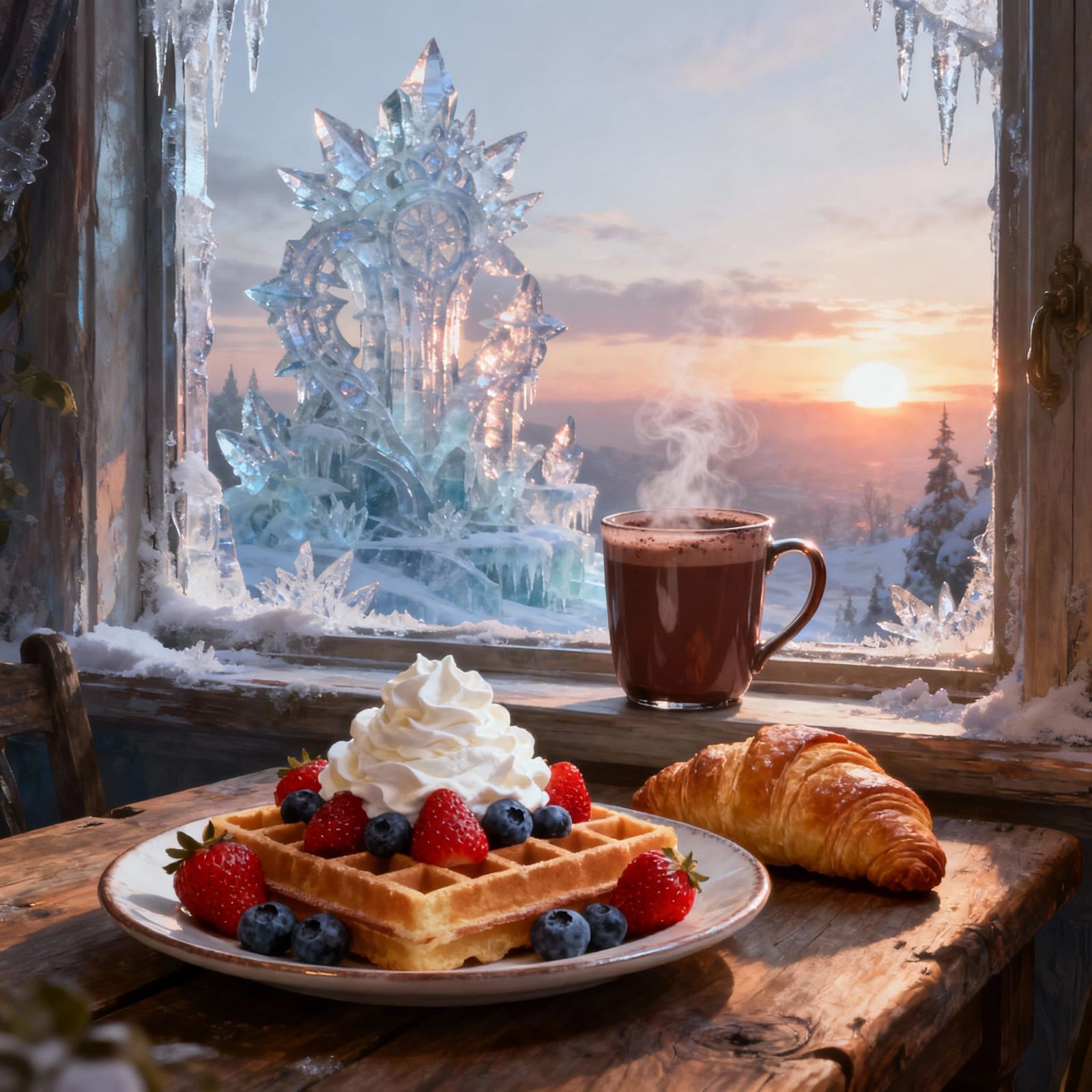 Fantasy Breakfast Scene with Waffles and Ice Sculpture