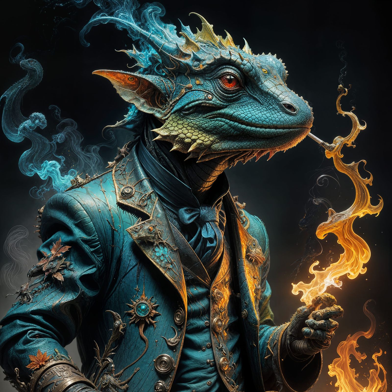 Vibrant Fantasy Lizard Wizard in a Smoldering Landscape