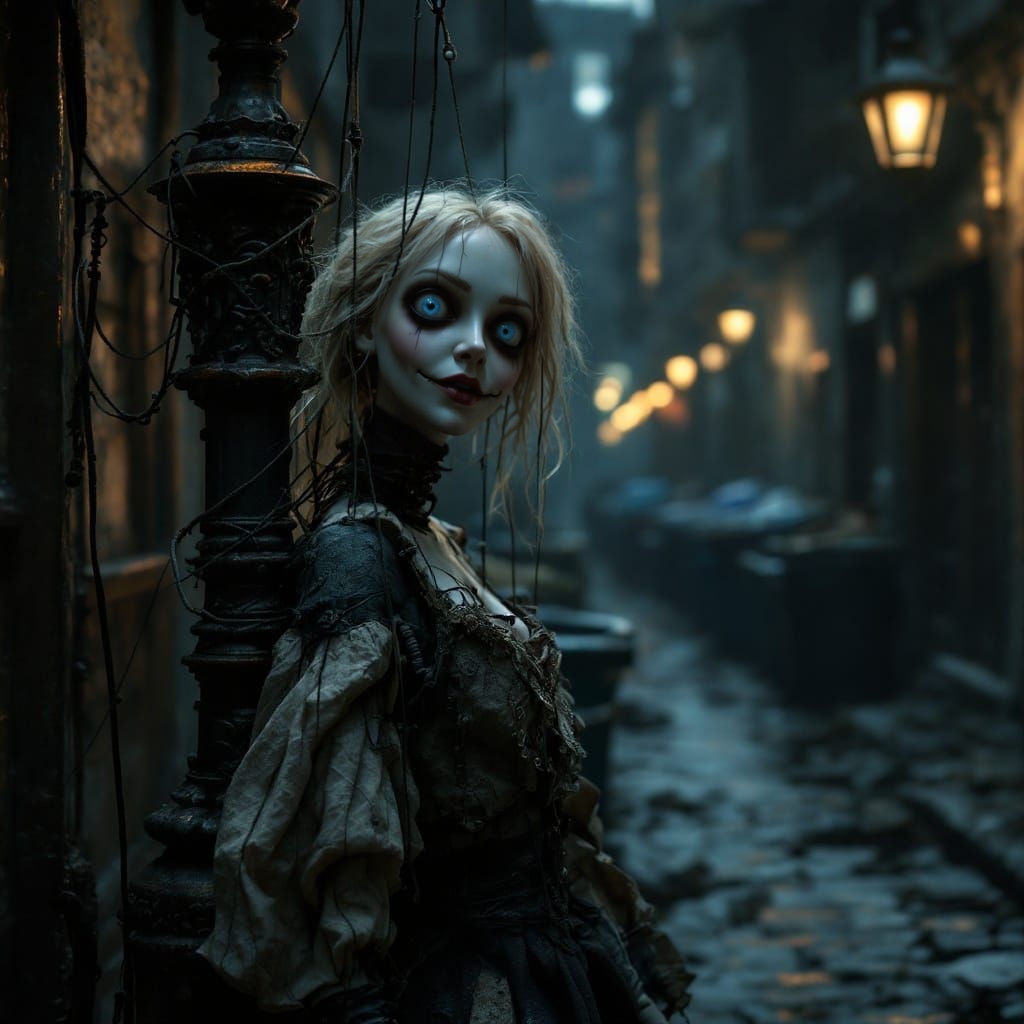 Surreal Steampunk Marionette in Dark Alley Twilight