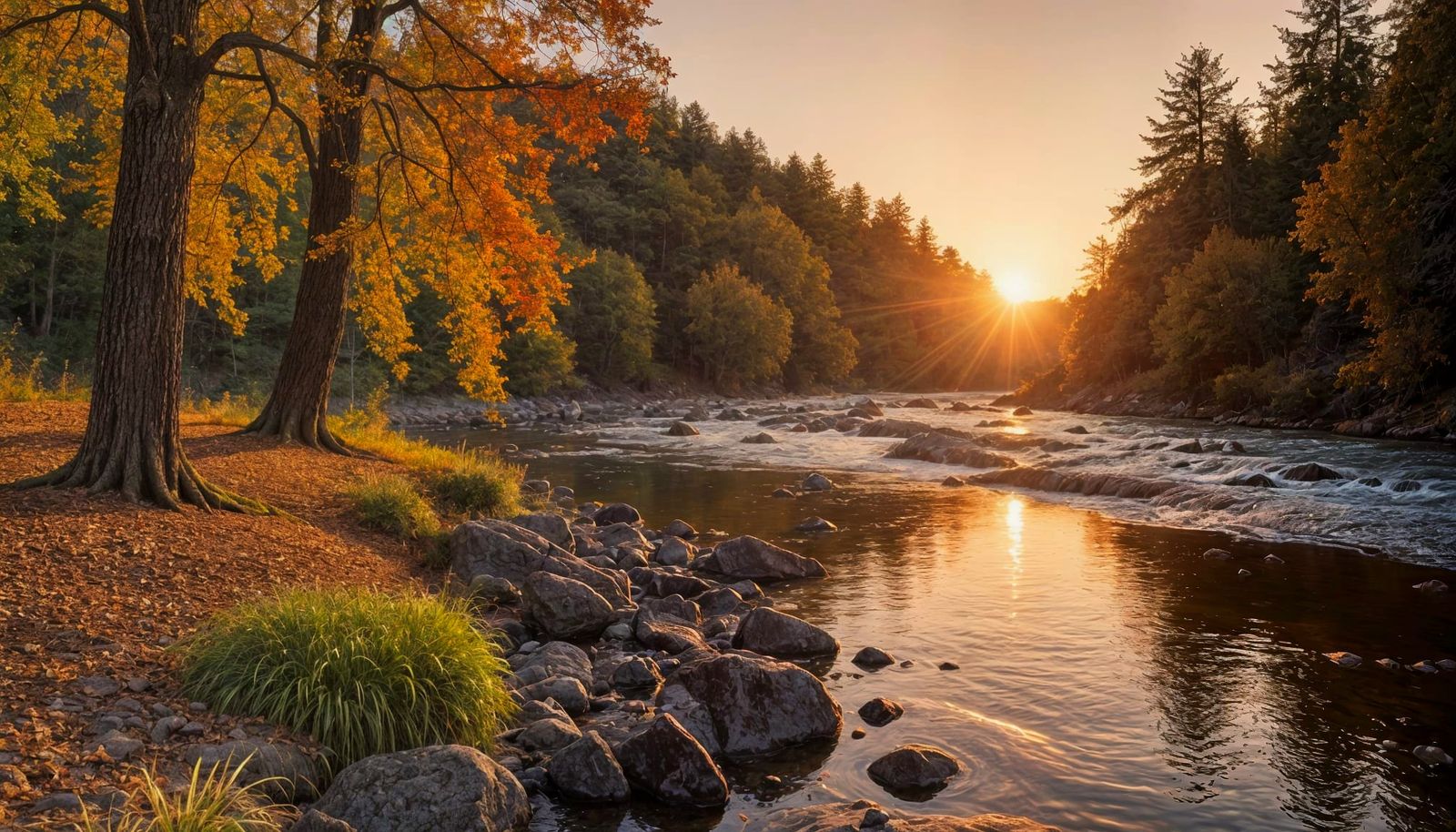 Autumn Sunset Over Serene River