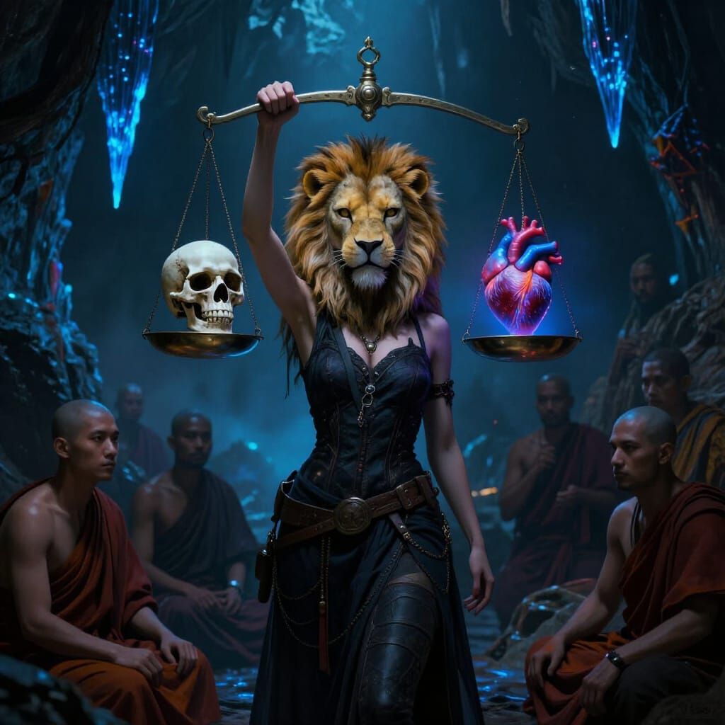 Woman in Lion Mask Weighs Heart and Skull in Neon Cave